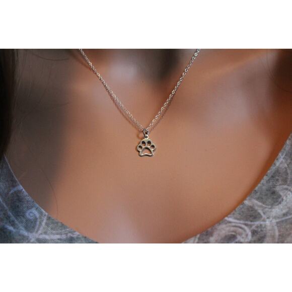 Sterling Silver Paw Print Necklace, Puppy Paw Print Necklace - Picture 2 of 3